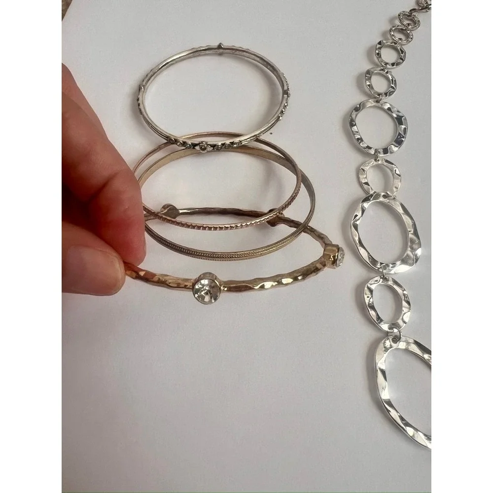 Two Necklaces & Bangle Lot‎ - Silver Tone Chain Link Statement Jewelry Set
